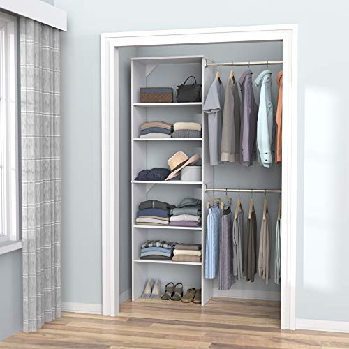 ClosetMaid SuiteSymphony Wood Closet Organizer Starter Kit Tower and 3 Hang Rods, Shelves, Adjustable, Fits Spaces 5 – 10 ft. Wide, Pure White, 25" ClosetMaid