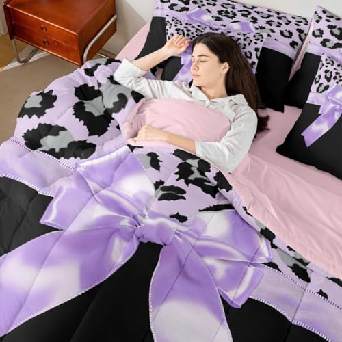 Feelyou Purple Silk Bowknot 7 Piece Bedding Set Full Size Grey Leopard Comforter Set with Sheets for Kids Girls Women Black Purple Bed in a Bag Sweet Romantic Bed Set Feelyou