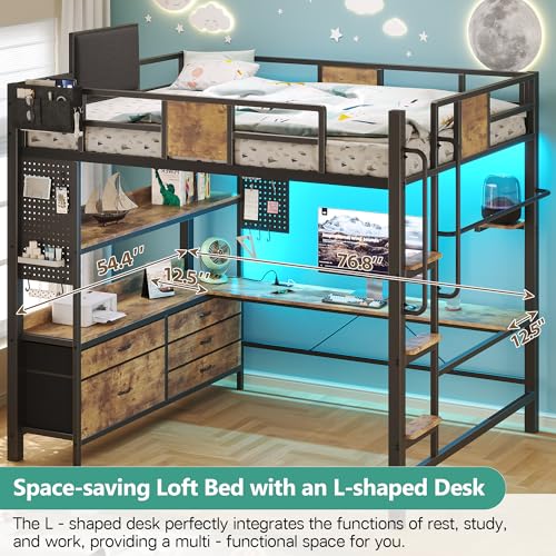 Loft Bed with Desk,Full Size loft bed, Loft Beds Full Size with 5 Fabric Storage Drawers & Stairs,Charging Station&LED Lights,Metal Bunk Bed with Desk, Removable Guard Ladder, Noise Free, Brown BYSAUD