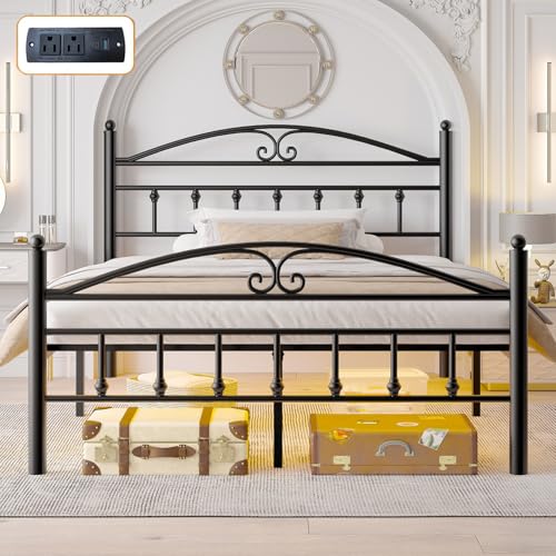 Samurbex Queen Bed Frame with Headboard,Black Metal Platform Bed Frame Queen Size with LED Lights & Charging Station,Heavy Duty Metal Steel Slats,No Box Spring Needed,Noise Free,Easy to Assemble Samurbex