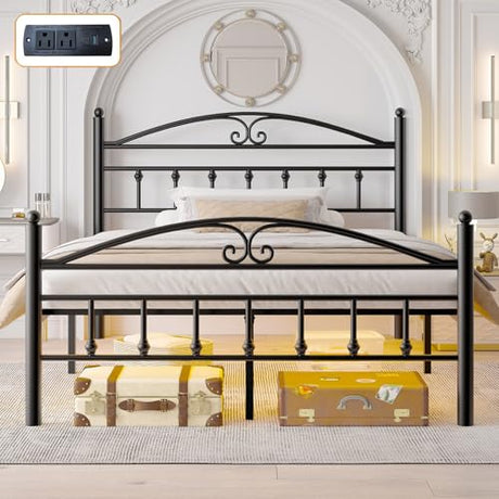 Samurbex Queen Bed Frame with Headboard,Black Metal Platform Bed Frame Queen Size with LED Lights & Charging Station,Heavy Duty Metal Steel Slats,No Box Spring Needed,Noise Free,Easy to Assemble Samurbex