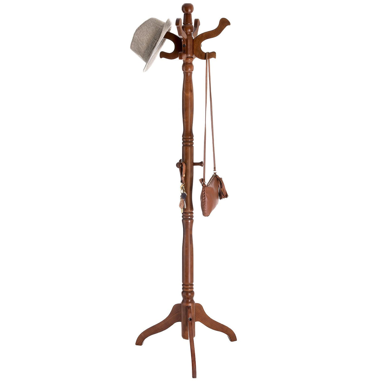 VASAGLE Coat Rack Free Standing with 11 Hooks, Wooden Hall Tree Coat Hat Tree Coat Holder with Solid Rubberwood Base for Coat, Hat, Clothes, Scarves, Handbags, Umbrella, Dark Walnut URCR05WN VASAGLE
