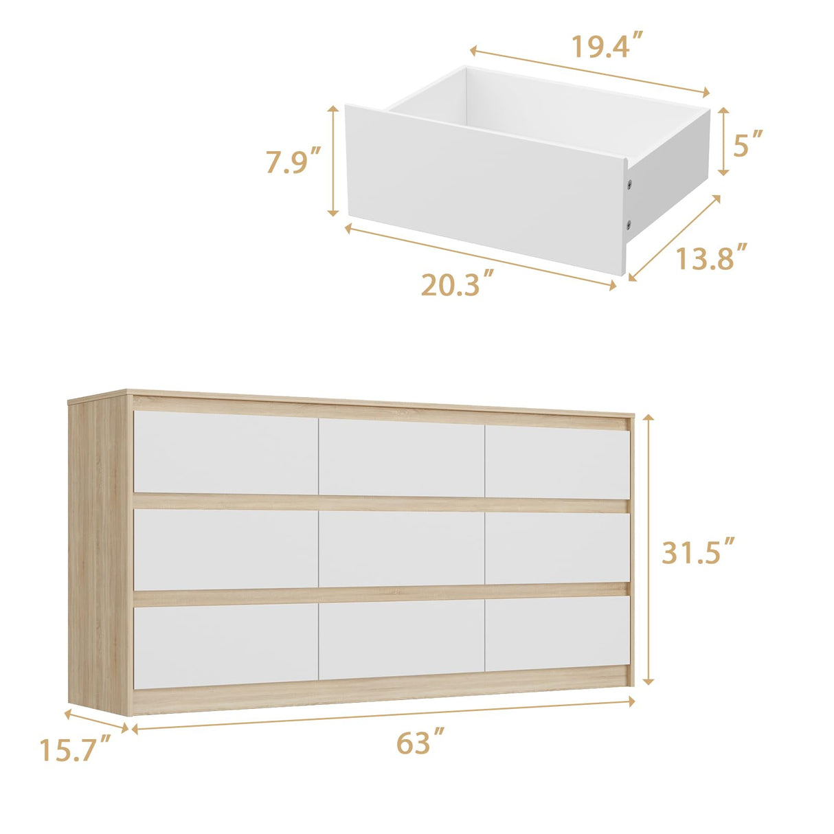 FUFU&GAGA 9 Drawer Dresser Chest of Drawers, 63” Wide Dressers, Modern Wood Drawer Chest Storage Organizer, No Handle Design, for Bedroom Living Room Hallway, Oak and White, 63”W x 15.7”D x 31.5”H FUFU&GAGA