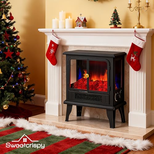 Sweetcrispy 19” Freestanding Electric Fireplace Heater, Indoor Fireplace with Adjustable Flame Effect, Easy Control, Small Corner Heater for Living Room, Bedroom, Carbon Black Sweetcrispy