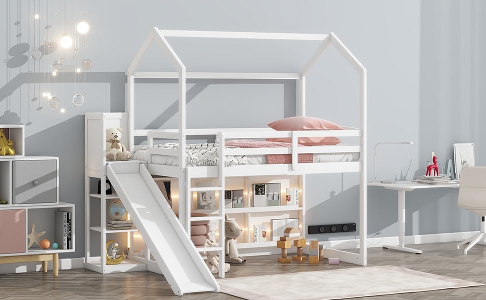 Twin Size Wood House Loft Bed Frame for Boys Girls Kids Adults Toddler with Slide, Storage Shelves and Light, White Flieks