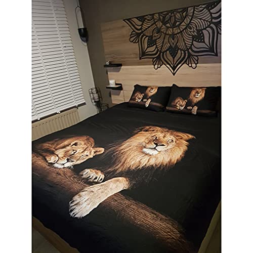 Holiyjog Lion Duvet/Quilt Cover Sets Black Linens Bed Pillow Shams King Queen Twin Full Size Boys Kids Animal Bed Set Home Textile (Queen, 004) Holiyjog