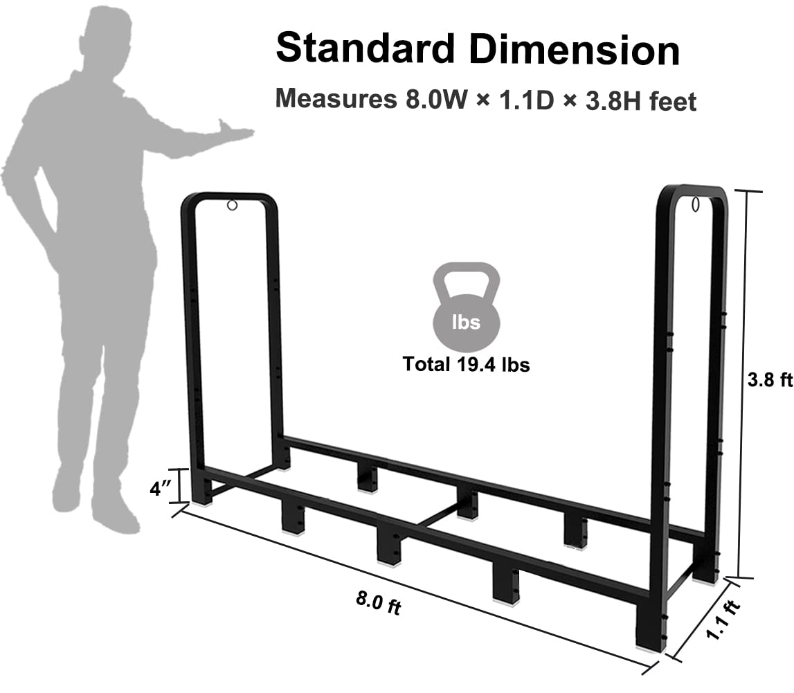 Artibear 8ft Outdoor Firewood Rack, Upgraded Heavy Duty Logs Stand Stacker Holder for Fireplace - Metal Lumber Storage Carrier Organizer, Bright Black