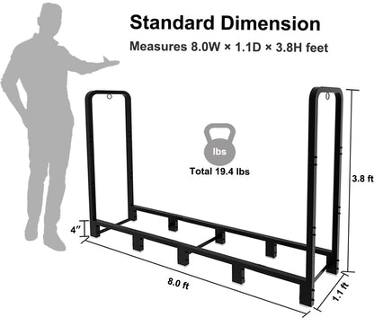 Artibear 8ft Outdoor Firewood Rack, Upgraded Heavy Duty Logs Stand Stacker Holder for Fireplace - Metal Lumber Storage Carrier Organizer, Bright Black