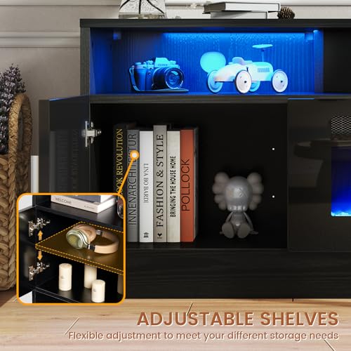 Breezestival 70" Fireplace TV Stand with Two Hinged Doors for TVs UP to 80", Electric Fireplace Entertainment Center with LED Lights & Storage Cabinets, TV Console for Living Room, Black Breezestival