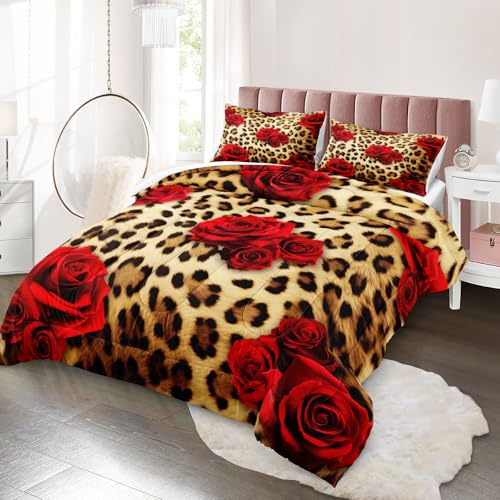 MOVE OVER Cheetah Print Comforter Set King Size Red Rose Flower Bedding Set 4 Pieces Ultra Soft Microfiber Romantic Rose and Leopard Print Comforter Sets for Women and Female MOVE OVER