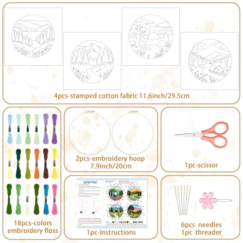 BEUNITONE 4 Set Embroidery Kit for Beginners, Beautiful Forest Scenery Patterns Cross Stitch Kits, Needlepoint Kits for Adults with Hoop, Hand Embroidery Patterns for Cloth and Home Decor