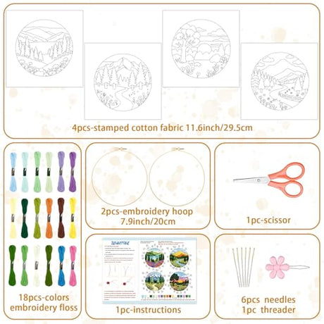 BEUNITONE 4 Set Embroidery Kit for Beginners, Beautiful Forest Scenery Patterns Cross Stitch Kits, Needlepoint Kits for Adults with Hoop, Hand Embroidery Patterns for Cloth and Home Decor BEUNITONE