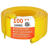 HUANCHAIN Outdoor Extension Cord 100 ft Waterproof, 16/3 Gauge Flexible Cold-Resistant Appliance Extension Cord Outside, 10A 1250W 16AWG SJTW, 3 Prong Heavy Duty Electric Cord Yellow, ETL huanchain