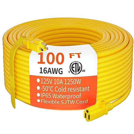 HUANCHAIN Outdoor Extension Cord 100 ft Waterproof, 16/3 Gauge Flexible Cold-Resistant Appliance Extension Cord Outside, 10A 1250W 16AWG SJTW, 3 Prong Heavy Duty Electric Cord Yellow, ETL huanchain