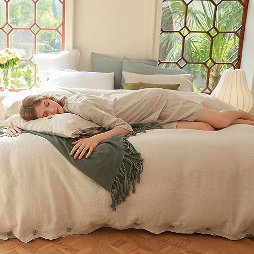 Simple&Opulence 100% Linen Duvet Cover Set 2pcs with Coconut Button Closure Natural French Washed Flax Solid Color Soft Breathable Farmhouse Bedding - Linen, Twin Size Simple&Opulence