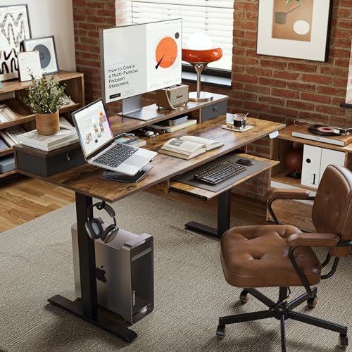 Agilestic Electric Standing Desk with 2 Drawers and Keyboard Tray, 55 x 24 Inches Ergonomic Adjustable Height Desk with Storage, Sit Stand up Desk Computer Workstation, Rustic Brown - WoodArtSupply