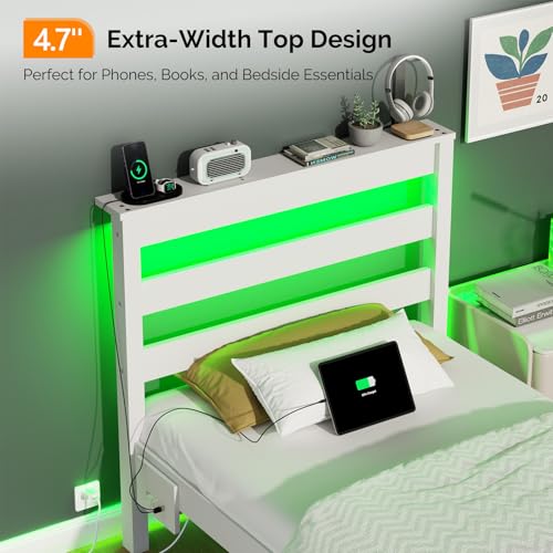 VINGLI LED Twin Bed Frame Set of 2 Solid Wood Platform Single Bed with Headboard Shelf USB Charging Station,Panel Bed, Wood Slat Support Mattress Foundation, White VINGLI