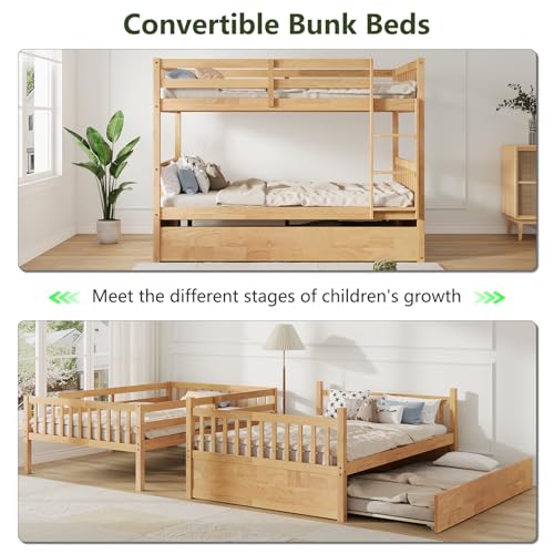 Repantes Full Over Full Bunk Bed with Trundle, Solid Rubberwood, High Weight Capacity, Converts to 2 Full Beds, with Safety Rails for Kids, Teens and Adults, Nature Repantes