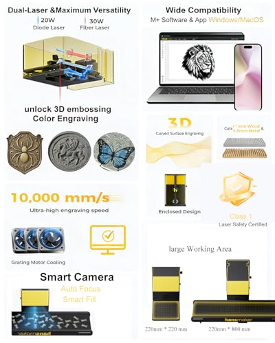 hansmaker D1 Ultra 30W Fiber & 20W Diode Dual Laser Engraver, 16MP Camera Auto Position, 0.03mm High Precision, 220x220mm Working Area, 3D Lazer Cutter Engraving Machine & Tools for Metal Wood Leather hansmaker