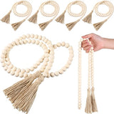 Geetery 6 Pcs Beads 58'' Wood Bead Garland with Tassels Rustic Country Decor Prayer Boho Beads Big Wall Hanging Decor Farmhouse Beads Versatile Prayer Beads for Home Wall Table Decor (White) Geetery
