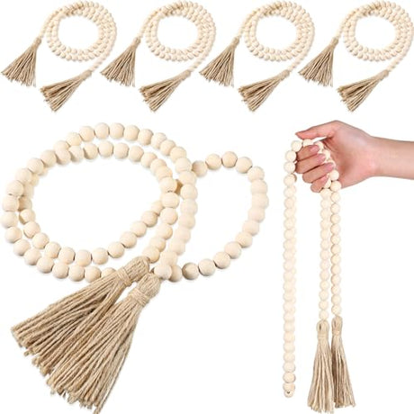 Geetery 6 Pcs Beads 58'' Wood Bead Garland with Tassels Rustic Country Decor Prayer Boho Beads Big Wall Hanging Decor Farmhouse Beads Versatile Prayer Beads for Home Wall Table Decor (White) Geetery