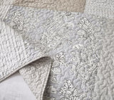 Chezmoi Collection Quinn 3-Piece Neutral Taupe Gray White Floral Hibiscus Flower Candy Stripe Patchwork Quilt Set - Pre-Washed Cotton Coverlet - Lightweight Reversible Bedspread, Queen Size Chezmoi Collection