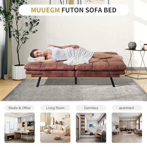 MUUEGM Faux Leather Futon Bed, Convertible Memory Foam Sofa Bed, Modern Love Seat for Living Room,Compact Space,Apartment,Office,Adjustable Backrests Armrests Couch Sleeper,71" Sofas, Brown MUUEGM