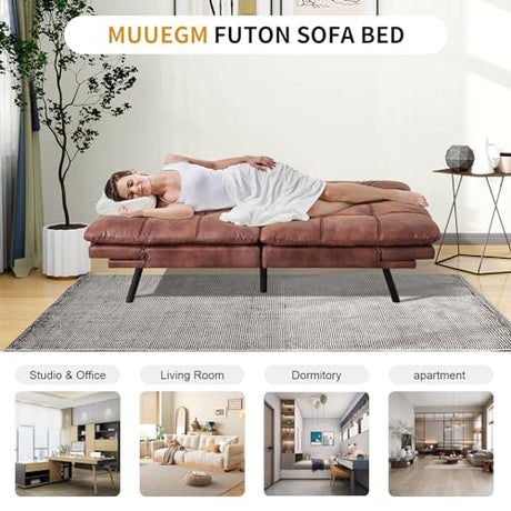 MUUEGM Faux Leather Futon Bed, Convertible Memory Foam Sofa Bed, Modern Love Seat for Living Room,Compact Space,Apartment,Office,Adjustable Backrests Armrests Couch Sleeper,71" Sofas, Brown MUUEGM