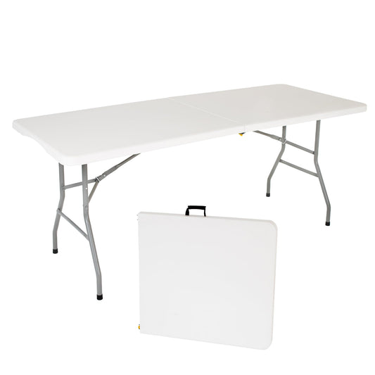 +gardenlife - Folding Table 6ft | Heavy Duty Plastic Event Table with Carrying Handle | No Assembly Required | Portable with Side Lock | Powder-Coated Steel Legs, White, Plastic