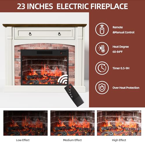 AHB Corner TV Stand with Remote Control, Electric Fireplace with Wooden Mantel, Entertainment Center with Efficient Heating System, Adjustable Brightness Realistic Flame(White) AHB