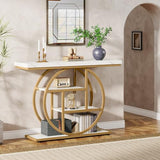 Tribesigns 41.3" Console Table, Industrial 4-Tier Sofa Entryway Table with Circle Base, Narrow Wood Accent Tables with Storage Shelves for Living Room, Hallway, Foyer, White Gold Tribesigns