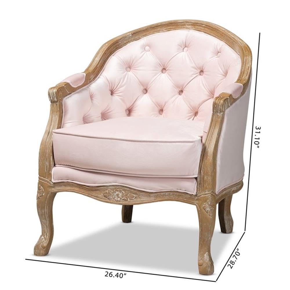 Baxton Studio Genevieve Traditional French Provincial Light Pink Velvet Upholstered White-Washed Oak Wood Armchair Baxton Studio