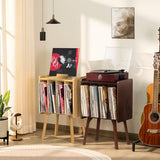 LELELINKY Small Record Player Stand - Width 11.7 in, Walnut Vinyl Record Storage Table with 4 Cabinet Up to 80 Albums, Vinyl Holder with Wood Legs,Turntable Stand Display Shelf for Bedroom Living Room LELELINKY