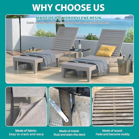 Hoiplu Outdoor Lounge Chairs Set of 2 for Poolside Patio, Weather-Resistant Pool Chaise Lounge with Adjustable Backrest, Resin Tanning Chair Sun Lounger for Outside Deck, Beach, Sunbathing, Taupe Hoiplu