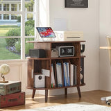 LELELINKY Large Round Record Player Stand with Charging Station & Fluted Panel, Brown Mid Century Modern Turntable Cabinet with Vinyl Storage, Arched Wood Record Player Table for Living Room LELELINKY