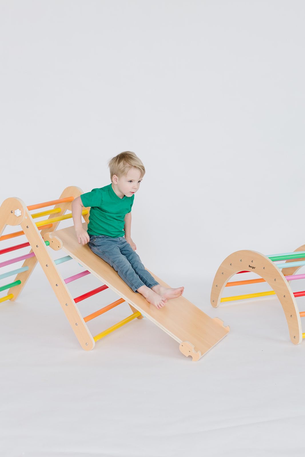 Beright 4 in 1 Pikler Triangle Gym, Montessori Foldable Climber with Ramp, Indoor Climbing Toys for Kids, Climbing Triangle for Toddlers Arch Climber, Rocker, Learning Waldorf Children Toy, Rainbow Beright