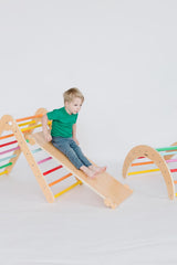 Beright 4 in 1 Pikler Triangle Gym, Montessori Foldable Climber with Ramp, Indoor Climbing Toys for Kids, Climbing Triangle for Toddlers Arch Climber, Rocker, Learning Waldorf Children Toy, Rainbow Beright