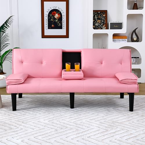 67-inch Multi-Functional Sofa Bed, Foldable Futon Couch with Adjustable Backrest & Cup Holders, Convertible Sleeper for Small Spaces, Living Room, Apartment, Office - Modern PVC Leather Couches(Pink) ALYIAMXL