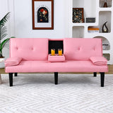 67-inch Multi-Functional Sofa Bed, Foldable Futon Couch with Adjustable Backrest & Cup Holders, Convertible Sleeper for Small Spaces, Living Room, Apartment, Office - Modern PVC Leather Couches(Pink) ALYIAMXL