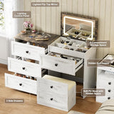 Gurexl 3-in-1 Vanity Desk with Flip Top Mirror and Lights, Makeup Dressing Table with Gun Drawer and Charging Station, Bedroom Dresser Vanity with Chair and Hidden Storage (Antique White) Gurexl