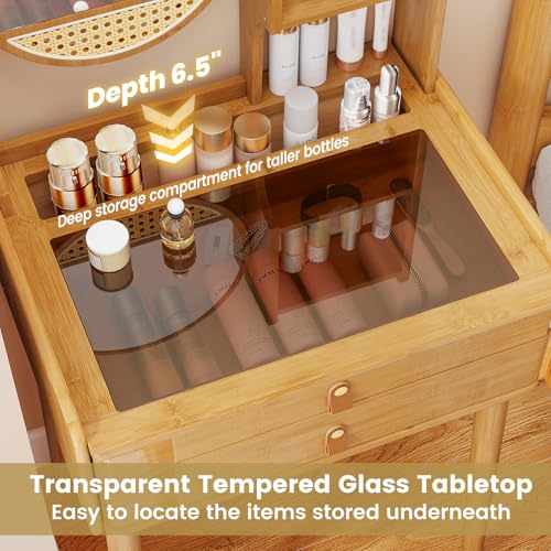 CHARMAID Small Vanity Desk with Mirror, Glass Top Bamboo Makeup Vanity Table with Storage Drawers & Shelves, Tabletop Groove, Rotatable Mirror, Compact Dressing Table for Bedroom Small Spaces, 23.5"W CHARMAID