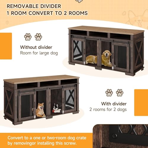 71'' Large Dog Crate Furniture for 2 Dogs, XXL Double Door Indoor Wooden Kennel with Removable Divider & Sliding Barn Door, 3-Drawer TV Stand End Table for Medium & Large Dogs ﻿ PeacefulHues