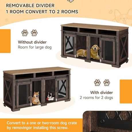 71'' Large Dog Crate Furniture for 2 Dogs, XXL Double Door Indoor Wooden Kennel with Removable Divider & Sliding Barn Door, 3-Drawer TV Stand End Table for Medium & Large Dogs ﻿ PeacefulHues
