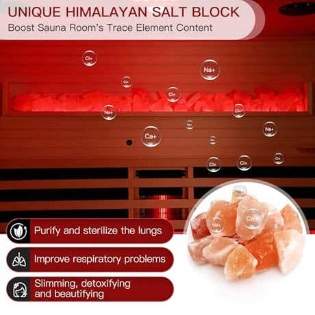BNEHS Infrared Sauna, 3-4 Person Home Sauna with Himalayan Salt Panel & 10 Minutes Warm-up System, Indoor Sauna Spa Room with Canadian Hemlock&Panoramic Tempered Glass,220V BNEHS
