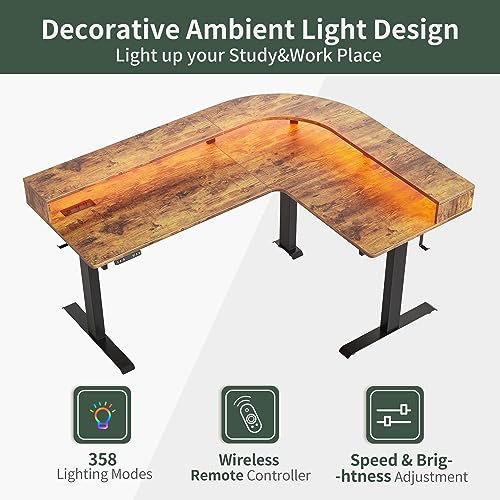 FEZIBO Triple Motor L Shaped Stadning Desk with LED Strip & Power Outrlets，63 inches Height Adjustable Stand up Corner Desk with Ergonomic Monitor Stand, Black Frame/Rustic Brown Top FEZIBO