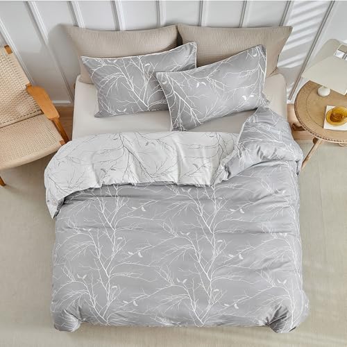 Lekesky Reversible Duvet Cover Queen Size, Grey White Branch Comforter Cover Queen 3pcs Microfiber Botanical Bedding Set with Zipper Closure Corner Ties Lekesky