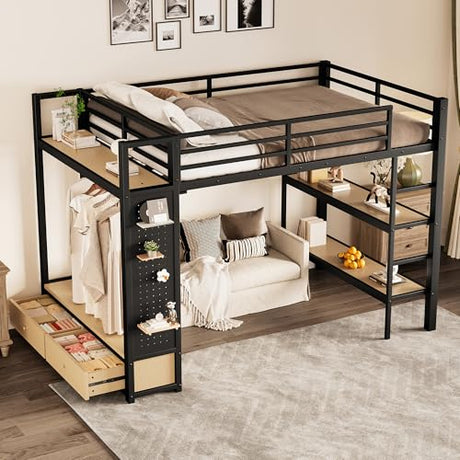 Bellemave Full Size loft Bed with Wardrobe and Storage Shelves and Pegboard Drawers, Metal Full Loft Bed Frame for Adults, Kids, Teens, Black Bellemave