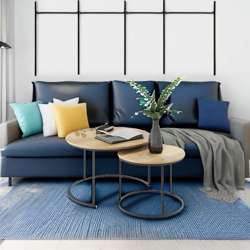 Smuxee Nesting Coffee Table Set of 2, 27.6" Round Coffee Table Wood Grain Top with Adjustable Non-Slip Feet, Industrial End Table Side Tables for Living Room Bedroom Balcony Yard Smuxee