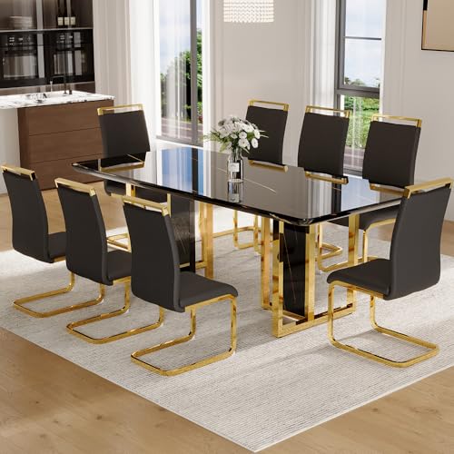 MEMUY 79" Black Modern Dining Table Set for 8,MDF Board Wood Table Top with Golden Metal Legs,Glossy Black Kitchen Room Table Set for 8-10 Person,Dining Room Table with 8 Black Golden Chairs MEMUY