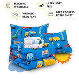 Holawakaka Trucks Excavator Cars Boy Bedding Comforter Set with Sheets, Twin Size Cartoon Construction Car Tractors Print Kids Bed in A Bag 5-Piece, Boys Reversible Dorm Bed Sets (Blue Twin) Holawakaka
